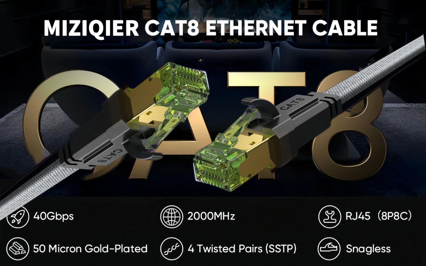 RDT long CAT 8 Flat Network Internet Cable 40Gbps LAN Cable Patch Cord for Modem Router Gaming PC PS4/5/6 Xbox