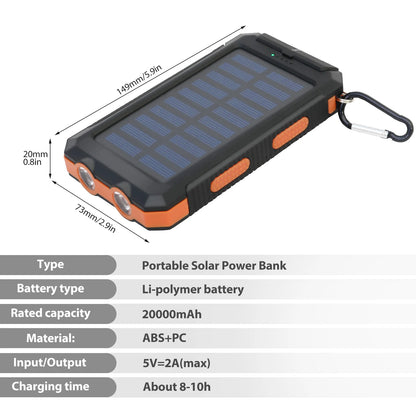RDT 20000mAh Solar Power Bank Portable Solar Charger Waterproof Dual 5V USB Ports 2 LED Light Flashlight