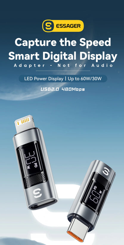 RDT Type C Adapter Digital Display PD 60W Fast Charging Lightning iPhone 16 15 14 13