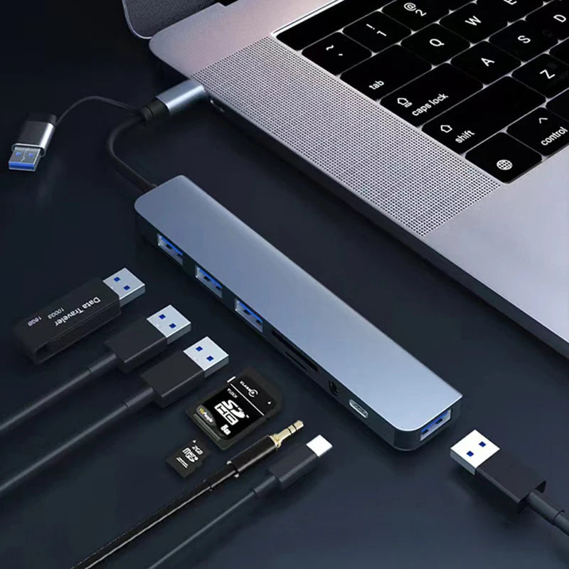 RDT 8 in 2 USB +Type C HUB Docking Station with 3.5mm Audio Jack Adapter Micro SD Card Reader Laptop Tablet Phone Disk