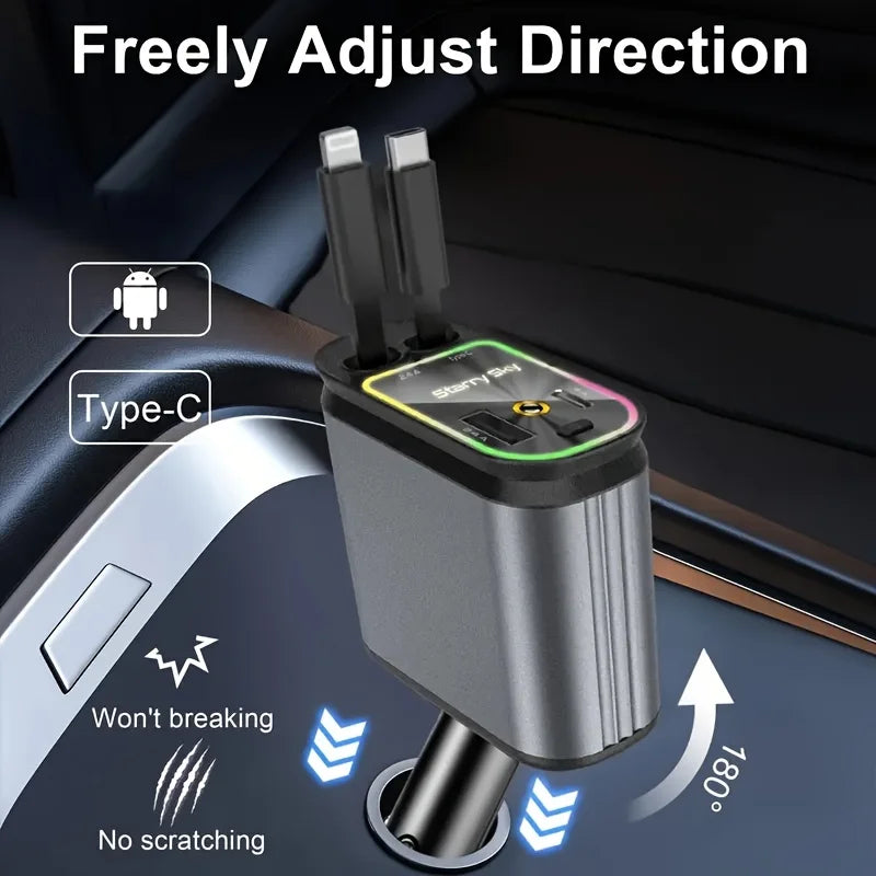 RDT 4 in 1 Retractable Car Charger, 66W Fast Charging, 2 USB Ports Star Car Charger Adapter, 180 °   Adjustable Built-In Type-C
