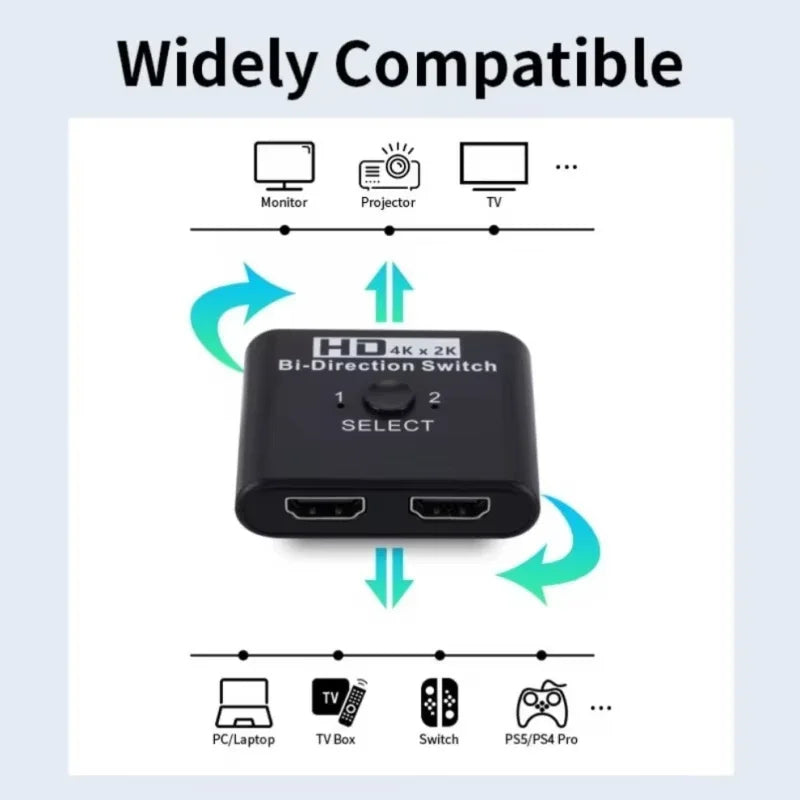 RDT 4K 60Hz HDMI Bi-Directional Switch 2x1 Splitter 2 Ports Input 1 Output For PC Laptop Monitor TV Projector Audio Video Converter