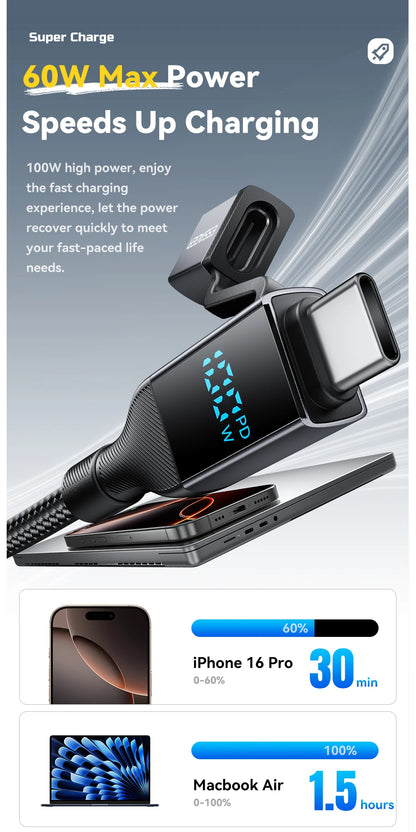 RDT 4 In 1 Digital Display USB Cable Type C 100W PD Fast Charging Wire For iPhone Macbook iPad Xiaomi Type C Lighting Cable