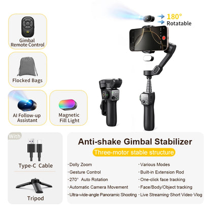 RDT 3-Axis Handheld Gimbal Phone Stabilizer with Extension Rod  8.0 Anti Shake Face Tracking for Phone Outdoor Shooting Vlog