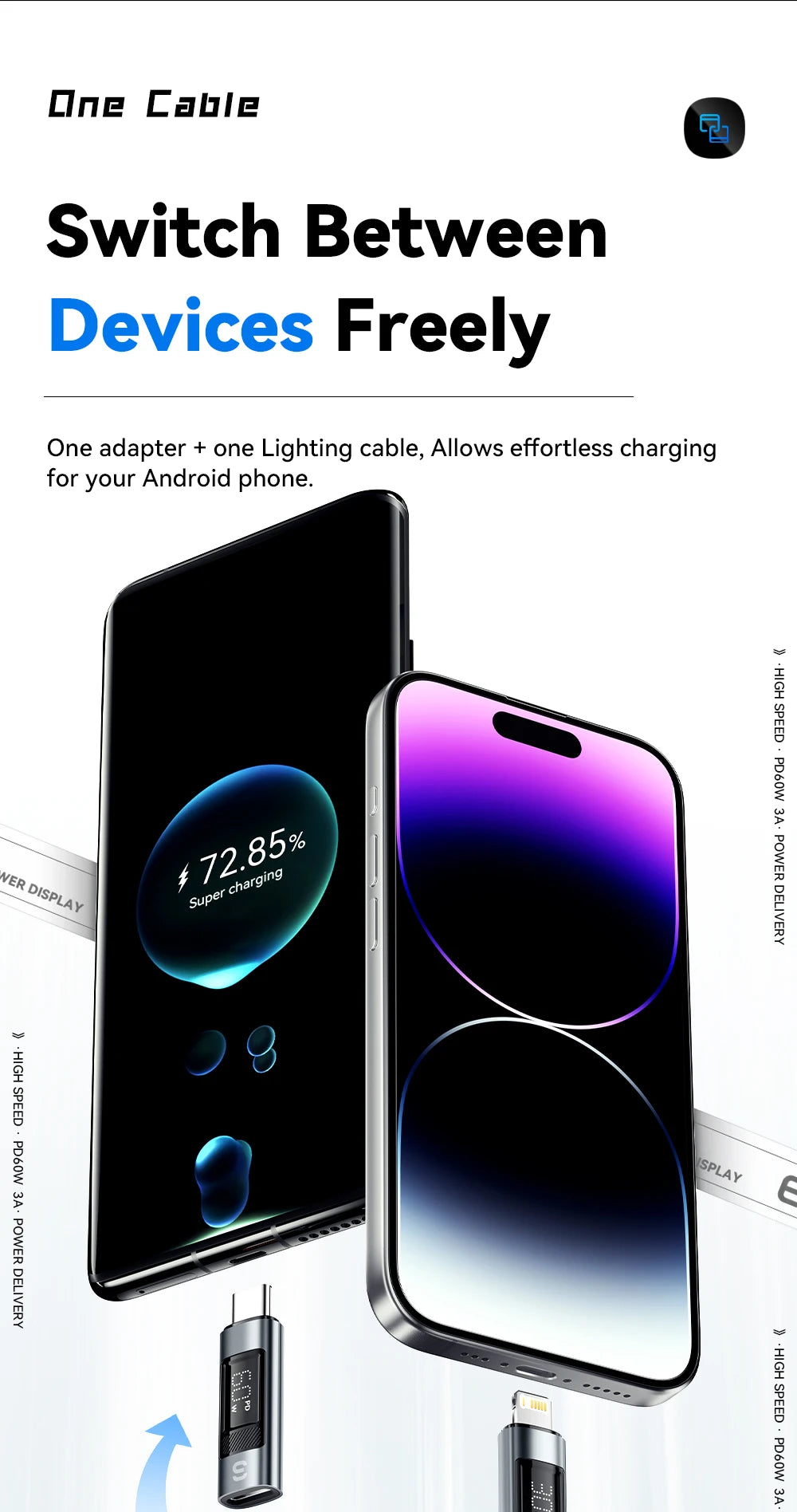 RDT Type C Adapter Digital Display PD 60W Fast Charging Lightning iPhone 16 15 14 13