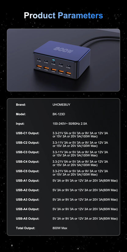 RDT 800W USB C Charger Multiport Fast Charging Station for iPhone 15 16