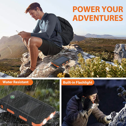 RDT 20000mAh Solar Power Bank Portable Solar Charger Waterproof Dual 5V USB Ports 2 LED Light Flashlight