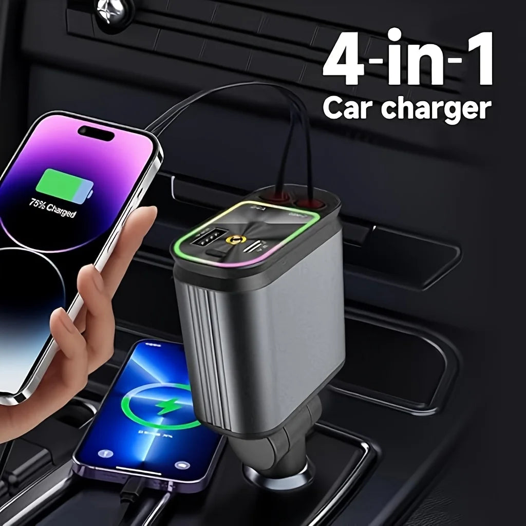 RDT 4 in 1 Retractable Car Charger, 66W Fast Charging, 2 USB Ports Star Car Charger Adapter, 180 °   Adjustable Built-In Type-C
