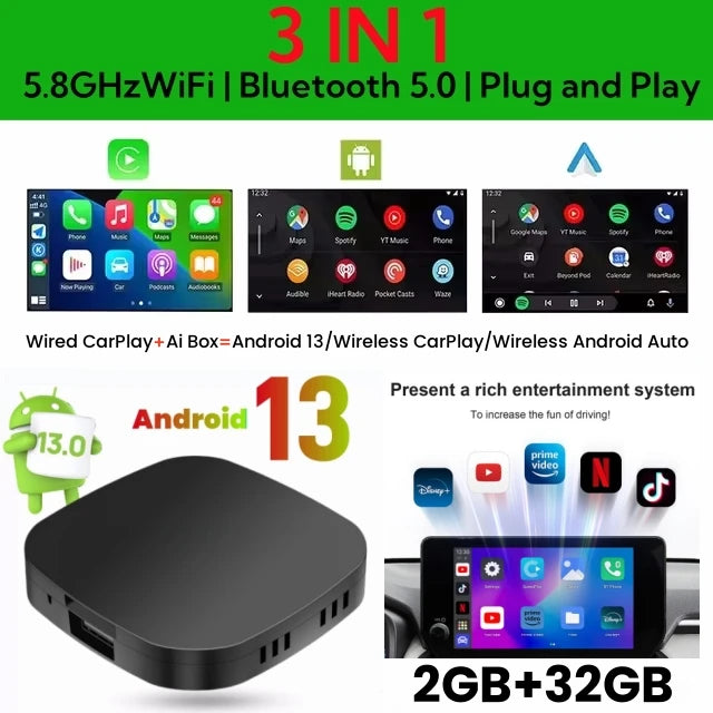 RDT Carplay AI Box Android 13 Wireless Android Auto Smart TV Box For Youtube Netflix