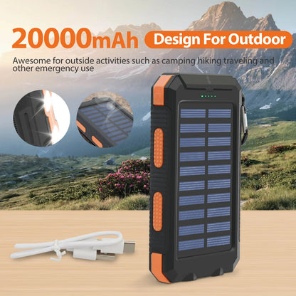 RDT 20000mAh Solar Power Bank Portable Solar Charger Waterproof Dual 5V USB Ports 2 LED Light Flashlight