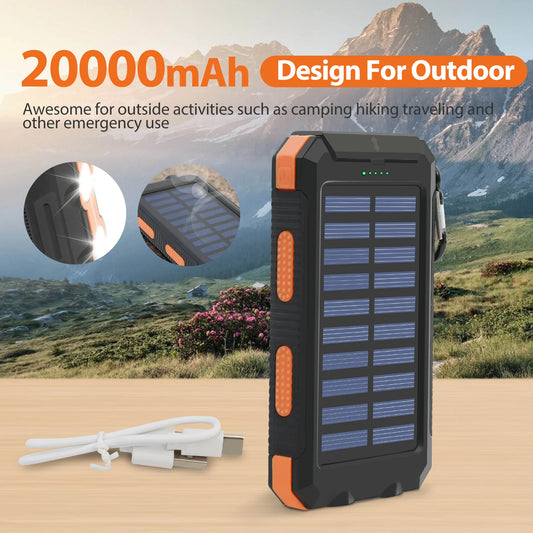 RDT 20000mAh Solar Power Bank Portable Solar Charger Waterproof Dual 5V USB Ports 2 LED Light Flashlight