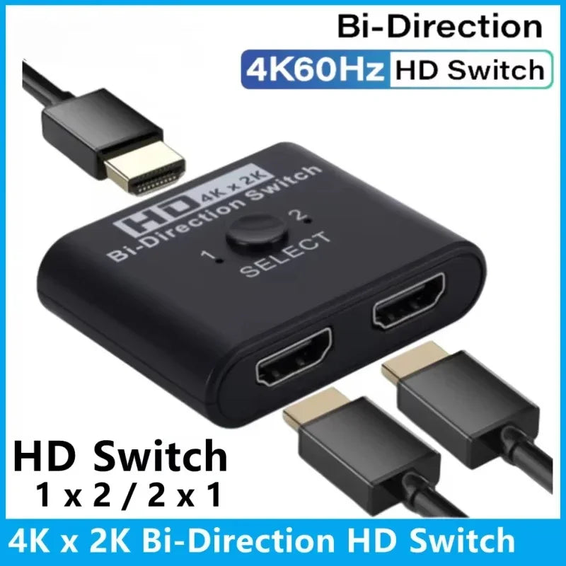 RDT 4K 60Hz HDMI Bi-Directional Switch 2x1 Splitter 2 Ports Input 1 Output For PC Laptop Monitor TV Projector Audio Video Converter