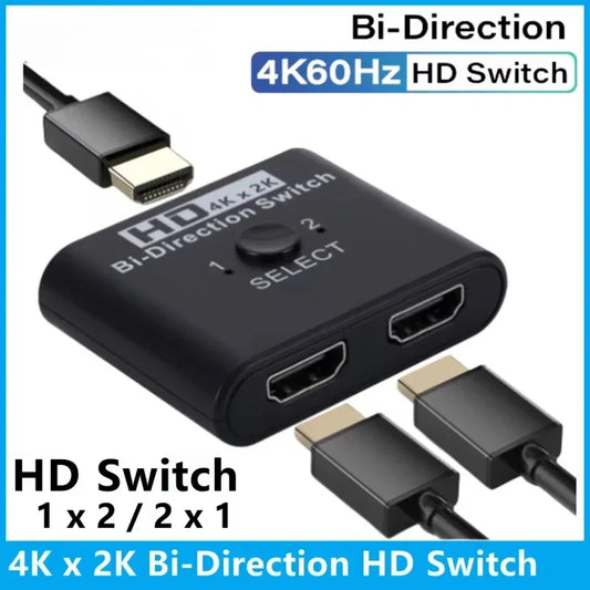 RDT 4K 60Hz HDMI Bi-Directional Switch 2x1 Splitter 2 Ports Input 1 Output For PC Laptop Monitor TV Projector Audio Video Converter